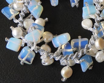 Opalite and White Pearls Gemstone Bracelet, Blue White, Valentine Day, Mother Day