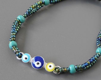 Triple Evil Eyes Bracelet, Turquoise Blue, Blue and Yellow, Green Blue Seed Beads, Double Stranded, Mal de Ojo Pulsera, Protective Jewelry