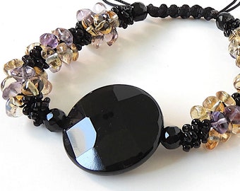 Black Onyx Gemstone Bracelet with Purple and Yellow Crystals, Black Seed Beads