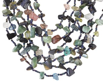 Multi Strand Gemstone Necklace with Blue Goldstone, Green Agate, Multi Colour Quartz