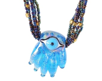 Blue Dichroic Glass Hamsa with Evil Eye Necklace, Six Strings with Seed Beads on Each Side, Kabbalah Jewelry, Mal de Ojo Collar