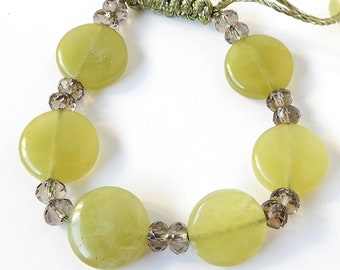 Olivine Gemstone Bracelet with Smoky Quartz, adjustable, macrame closure