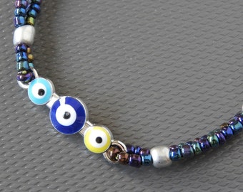 Triple Evil Eyes Bracelet, Green, Blue, Purple Seed Beads, Double Stranded, Mal de Ojo Pulsera, Traditional Jewish Muslim Jewelry