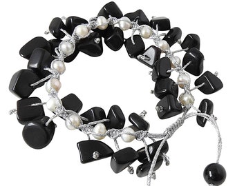 Black Obsidian with White Pearls Bracelet