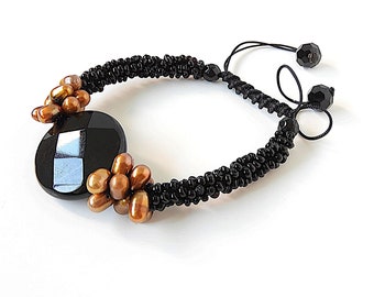 Bronze Pearls Bracelet with Black Onyx and Black Seed Beads, Exquisite Elegant