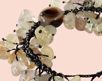 Rutilated Quartz Bracelet (with golden inclusions of mineral Rutile) with Agate, adjustable