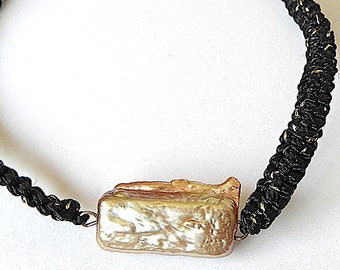 Biwa Pearl Gemstone Bracelet, with Black Macrame Cord, Brazalete de Perlas Biwa, Pulsera de Perlas