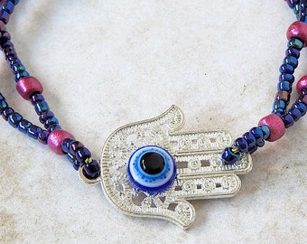 Hamsa Blue Evil Eye Double Stranded Charm Bracelet, Blue Seed Beads, Mal de Ojo, Judaica Jewelry, Kabbalah, Muslim Bracelet, Buddhism