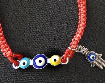 Red Macrame String Charm Bracelet with Hamsa and Triple Blue Evil Eyes