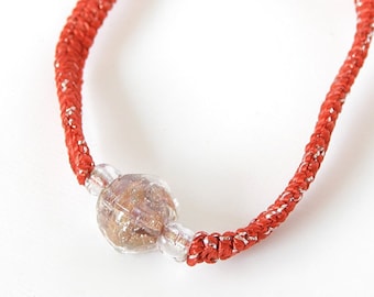 Red Charm String Bracelet with Lampwork Bead, Rose Quartz,