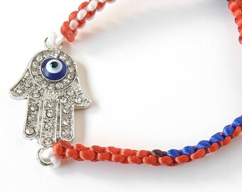 Hamsa Blue Evil Eye Macrame Bracelet, Talisman pulsera Mal de Ojo, Traditional Protection Jewelry, Kabbalah, Buddhism, Islam, Judaism