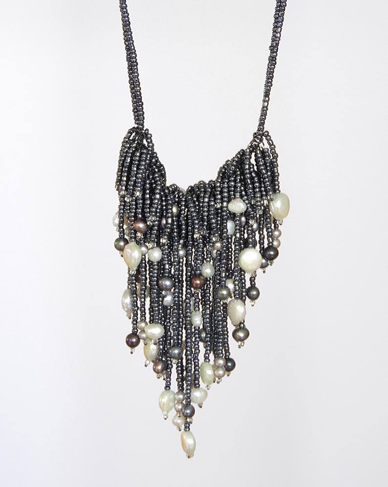 Black Metallic Seed Beads Adjustable Necklace with Freshwater Pearls