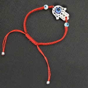 Hamsa Red Macrame Bracelet with Three Blue Evil Eyes, adjustable image 4