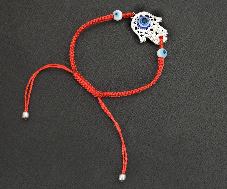 Hamsa Red Macrame Bracelet with Three Blue Evil Eyes, adjustable image 4