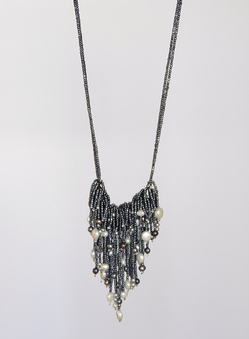 Black Metallic Seed Beads Adjustable Necklace with Freshwater Pearls