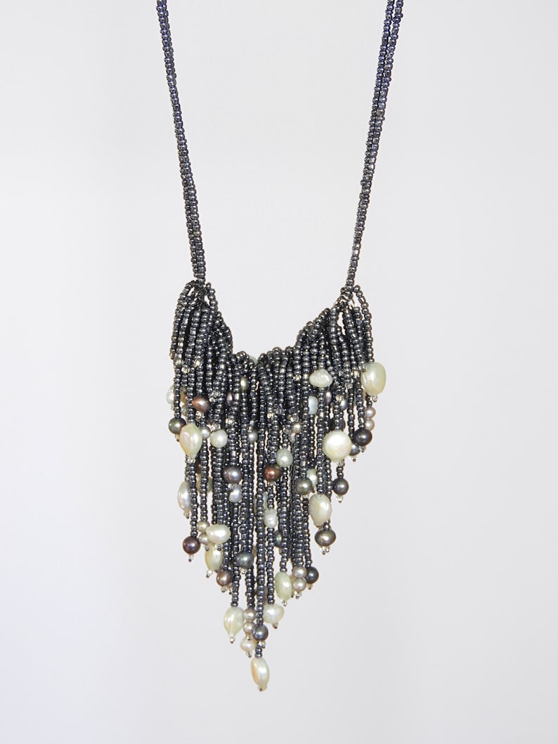 Black Metallic Seed Beads Adjustable Necklace with Freshwater Pearls