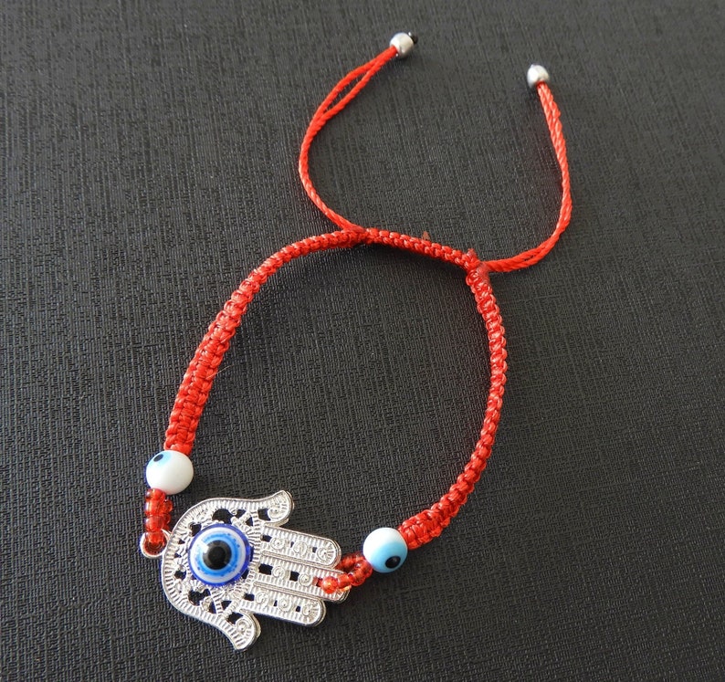 Hamsa Red Macrame Bracelet with Three Blue Evil Eyes, adjustable image 1