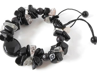 Schwarzes Achat Armband, mit Schwarzem Obsidian und Rutilquarz, stylisch und modern, verstellbar