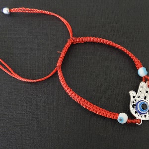 Hamsa Red Macrame Bracelet with Three Blue Evil Eyes, adjustable image 3