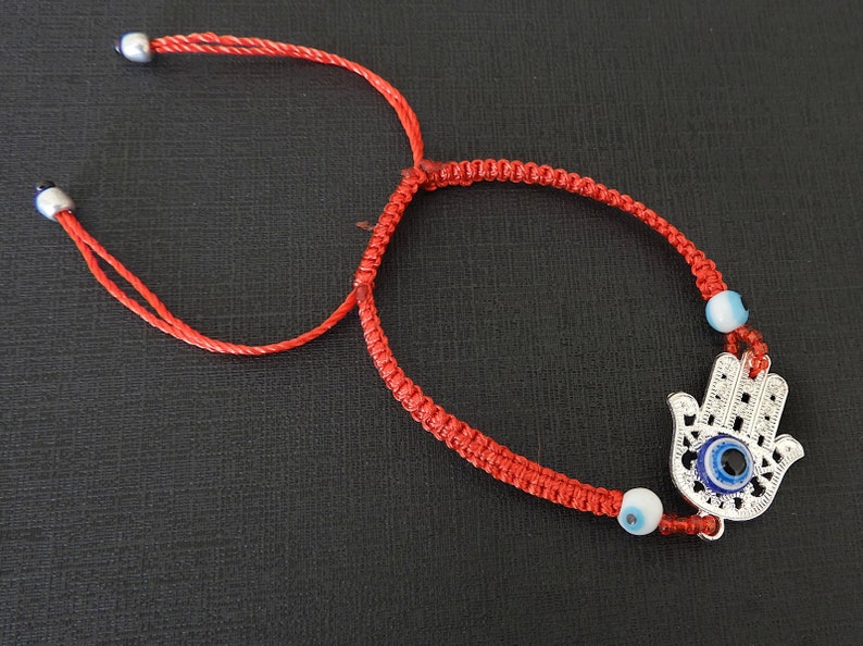 Hamsa Red Macrame Bracelet with Three Blue Evil Eyes, adjustable image 3