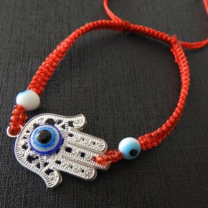 Hamsa Red Macrame Bracelet with Three Blue Evil Eyes, adjustable image 2