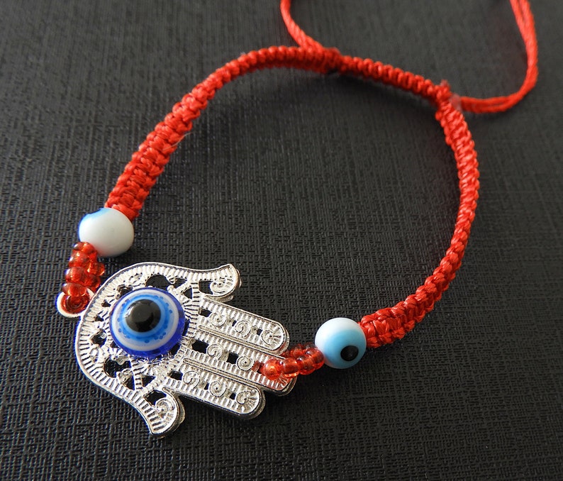 Hamsa Red Macrame Bracelet with Three Blue Evil Eyes, adjustable image 2