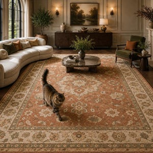 May include: A large rectangular area rug featuring a central floral medallion pattern in shades of terracotta, cream, and sage green. The rug has a wide decorative border with repeating floral motifs and a soft, low-pile texture throughout.