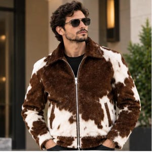 Brown and White Cow Print Jacket, Men's Faux Fur Bomber Jacket, Western Streetwear Coat, Vintage Cowhide Style Jacket