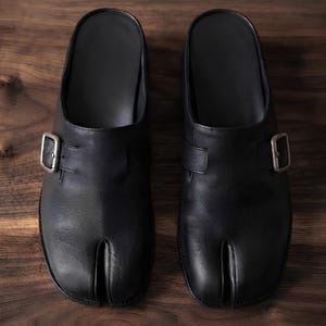 Black Leather Tabi Mules for Men, Split Toe Slip On Clogs, Minimalist Japanese Inspired Buckle Sandals, Handmade Leather Shoes