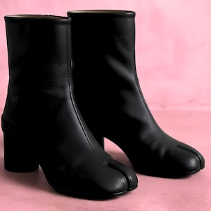 Black Leather Tabi Boots for Women | Split Toe Ankle Boots | Handmade Minimalist Block Heel Boots | Japanese Inspired Fashion Shoes