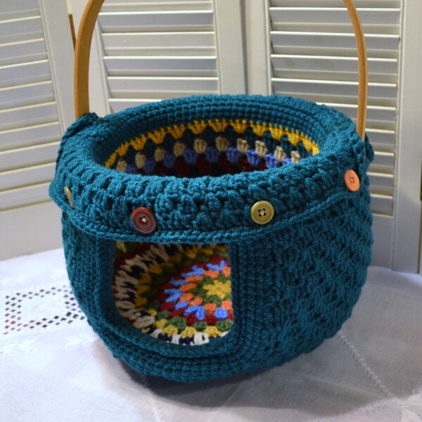 Crochet Cat Cave Pet Bed Upcycled Basket Teal Green Blue Granny Square Handmade Littlestsister