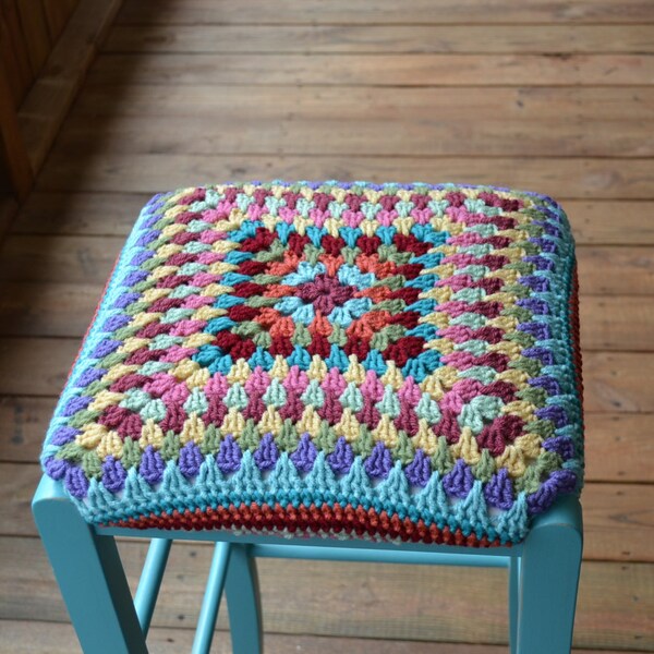 Kitchen Stool with Granny Square Crochet Cover Turquoise 30" Bar Stool Upcycle Recycle Littlestsister