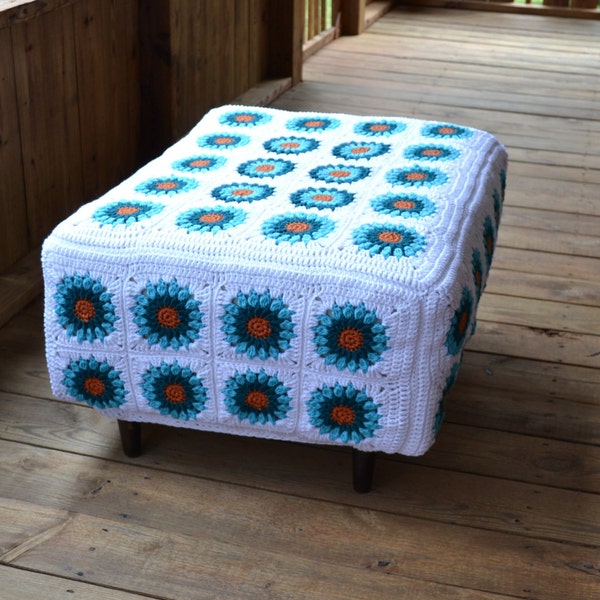 RESERVED - Ottoman with Crochet Granny Square Cover White, Turquoise, Teal, Orange  Recycle Upcycle Littlestsister