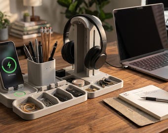 Modular Desk Organizer STL & 3MF Files | 3D Printable Desk Ecosystem | Phone Stand Cable Organizer Headphone Holder DIY Desk Setup