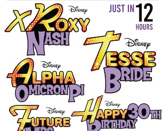 Könnte beinhalten: Eine grafische Darstellung mit personalisiertem Text im gelb-orangen Farbverlauf-Marquee-Stil mit violetter Schrift. Der Text umfasst Roxy Nash, Tesse Bride, Alpha Omicron Pi, Future Mrs, Happy 30th Birthday, Disney-Logos und Just in 12 Hours.