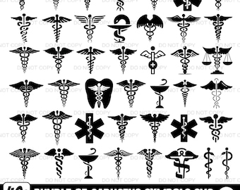 Könnte beinhalten: Eine Sammlung von über 40 schwarzen Caduceus- und medizinischen Symbolen in verschiedenen Stilen, darunter geflügelte Stäbe mit Schlangen, Lebenssterne und Zahnarztsymbole. Der Text unten lautet 40+ BUNDLE OF CADUCEUS SYMBOLS SVG SVG PNG PDF EPS AI JPG.
