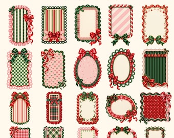 Könnte beinhalten: Eine digitale Sammlung von 20 rechteckigen und ovalen Rahmen im Weihnachtsdesign mit roten, grünen und rosafarbenen Farbpaletten. Die Motive umfassen Schleifen, Bänder, Streifen, Karomuster und Stechpalmen mit dem Text Coquette Christmas Frames Bundle.