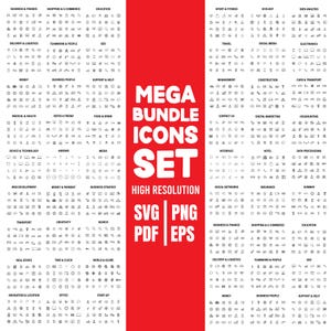 May include: A large collection of black line icons organised into categories on a white background with a central red vertical stripe containing the white text MEGA BUNDLE ICONS SET HIGH RESOLUTION SVG PNG PDF EPS.