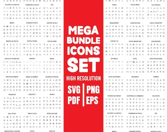 Könnte beinhalten: Eine große Sammlung von schwarzen Linien-Icons, die in Kategorien auf weißem Hintergrund angeordnet sind, mit einem zentralen roten vertikalen Streifen, der den weißen Text MEGA BUNDLE ICONS SET HIGH RESOLUTION SVG PNG PDF EPS enthält.