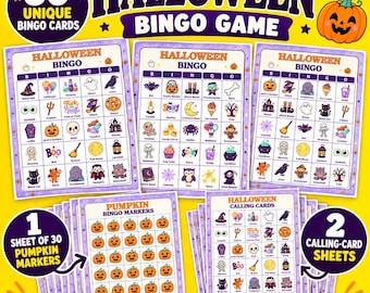 Könnte beinhalten: Ein Halloween-Bingospiel-Set mit 50 einzigartigen Bingokarten, einem Bogen mit 30 Kürbis-Markern und zwei Bogen mit Rufkarten. Die Karten zeigen verschiedene bunte Halloween-Symbole wie Geister, Kürbisse und Hexen auf einem weißen Raster.