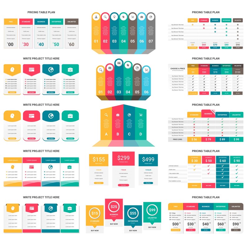 May include: A collection of colorful pricing table templates featuring various layouts, including vertical bars, tiered columns, and comparison grids with icons, text placeholders, and numerical values for business and project planning.