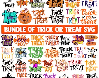 Könnte beinhalten: Eine digitale Sammlung von Trick or Treat-Grafikdesigns mit verschiedenen Schriftarten, Farben und Halloween-Illustrationen wie Kürbissen, Fledermäusen, Süßigkeiten und Spinnennetzen, angeordnet in einem Raster mit dem Text BUNDLE OF TRICK OR TREAT SVG.