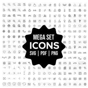 May include: A large collection of black line art icons arranged in a grid pattern. A central black starburst shape features the white text MEGA SET ICONS SVG | PDF | PNG. The icons represent various categories including technology, nature, and transport.