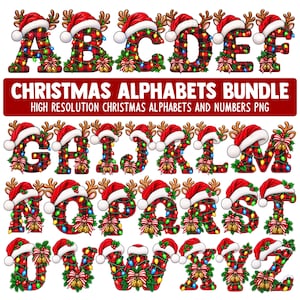 Könnte beinhalten: Ein digitales Grafikset der Buchstaben A bis Z, die jeweils mit einem rot-schwarzen Büffelkaro-Muster gestaltet, mit einer Weihnachtsmannmütze und Rentiergeweih versehen sowie mit bunten Weihnachtslichtern, Stechpalmen und goldenen Glocken verziert sind.