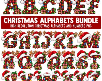 Könnte beinhalten: Ein digitales Grafikset der Buchstaben A bis Z, die jeweils mit einem rot-schwarzen Büffelkaro-Muster gestaltet, mit einer Weihnachtsmannmütze und Rentiergeweih versehen sowie mit bunten Weihnachtslichtern, Stechpalmen und goldenen Glocken verziert sind.