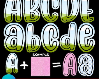 Könnte beinhalten: Eine digitale Grafikvorlage mit Groß- und Kleinbuchstaben von A bis E mit einem Himmel- und Hügelmuster. Das Bild enthält ein Beispiel, das einen Buchstaben A plus ein rosa Quadrat zeigt, was einen rosa Buchstaben A und ein kariertes a ergibt.