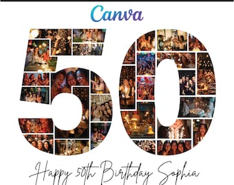 Könnte beinhalten: Eine Fotocollage in Form der Zahl 50, die verschiedene Partybilder zeigt. Der Text lautet HAPPY 50TH BIRTHDAY COLLAGE, Canva und Happy 50th Birthday Sophia mit einem kleinen Herzsymbol. Das Design ist auf einem schlichten weißen Hintergrund.