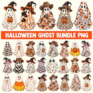 以下が含まれることがあります： ハロウィンの幽霊のイラストのデジタルコレクション。帽子をかぶり、カボチャを持ち、飲み物を飲み、ヒョウ柄、チェック柄、星、花などの模様を身につけた様々なキャラクターが描かれており、HALLOWEEN GHOST BUNDLE PNGというテキストが含まれています。