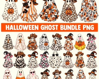 Könnte beinhalten: Eine digitale Sammlung von Halloween-Geisterillustrationen mit verschiedenen Charakteren, die Hüte tragen, Kürbisse halten, Getränke trinken und Muster wie Leopardenprint, Karos, Sterne und Blumen zeigen, mit dem Text HALLOWEEN GHOST BUNDLE PNG.