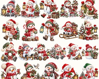 Könnte beinhalten: Eine digitale Sammlung von 21 Schneemann-Illustrationen mit dem Titel WHIMSICAL SNOWMAN PNG BUNDLE. Jeder Schneemann trägt eine Wintermütze und einen Schal und ist mit Accessoires wie Laternen, Tannenbäumen, Schlitten, Geschenken und Vögeln dargestellt.